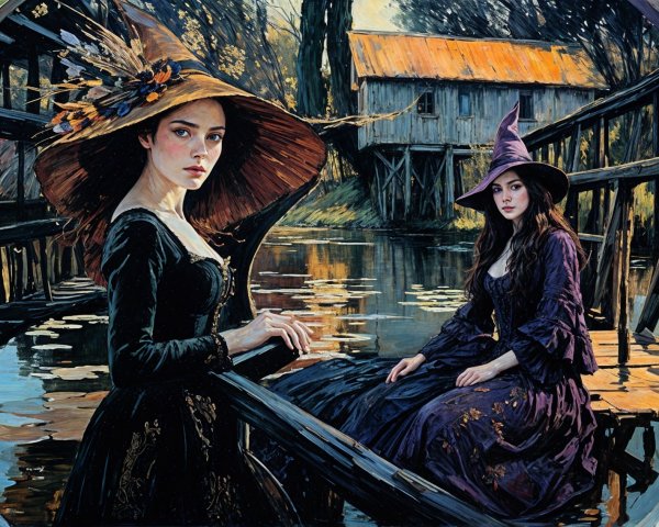 Elegant women by tranquil waterway with rustic landscape
