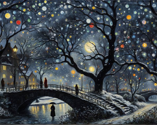 Magical Winter Night Scene with Glowing Trees
