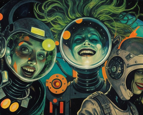 Vibrant Astronauts in Colorful Space Suits Against Cosmos