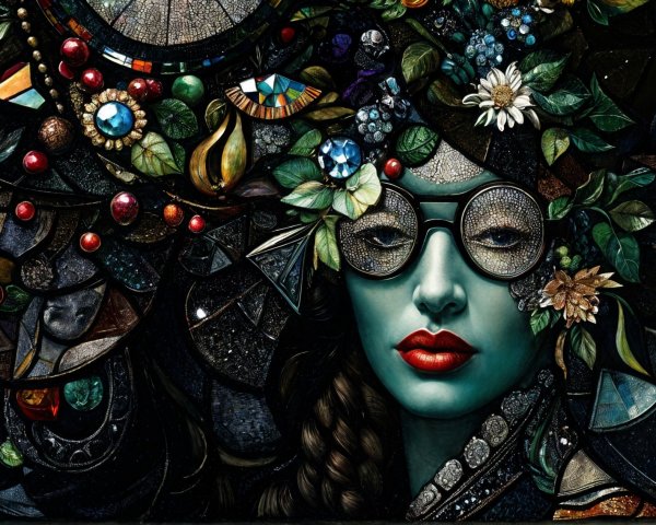 Portrait of a woman with turquoise skin and jewels