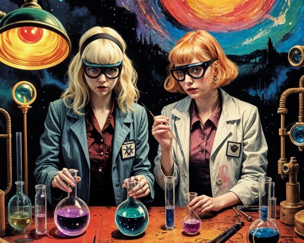 Whimsical Laboratory with Colorful Experiments and Cosmos