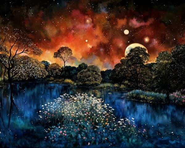 Tranquil Lake Under Vibrant Night Sky with Moon