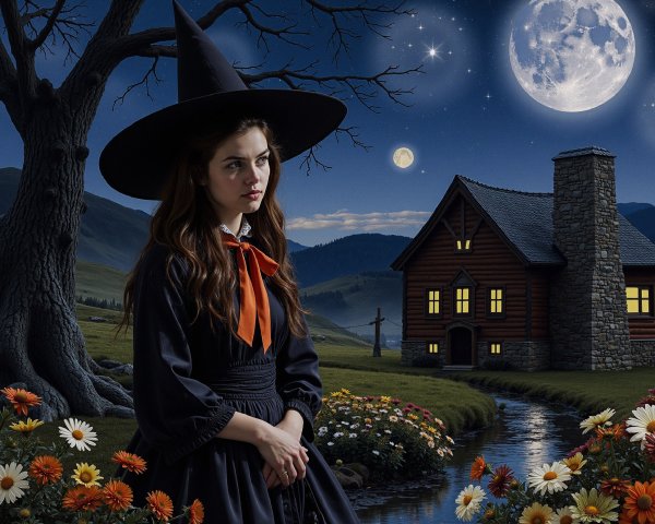 Young Witch by Serene Stream with Moonlit Cabin