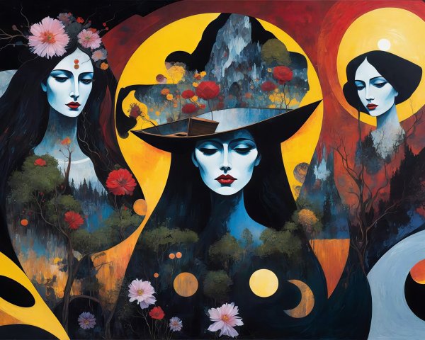 Colorful Painting of Three Women's Portraits in Circle