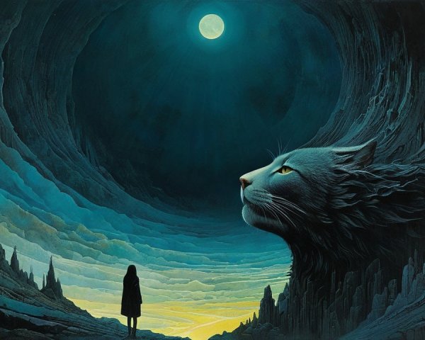 Surreal Landscape with Giant Cat's Head and Moonlight