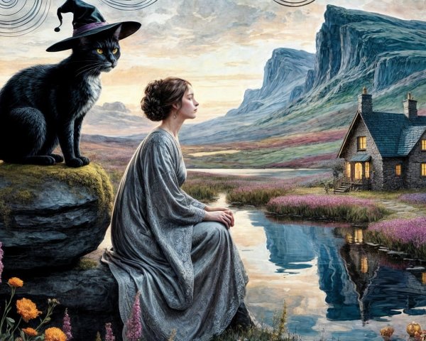 Tranquil Waterway Scene with Woman and Black Cat
