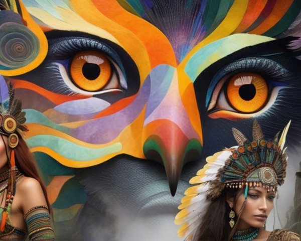 Vibrant Tribal Attire with Owl Face Background