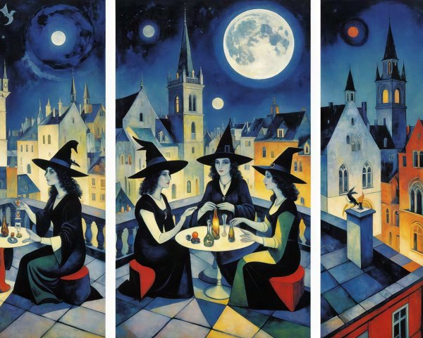 Women in Black Dresses on Rooftop Patio at Night