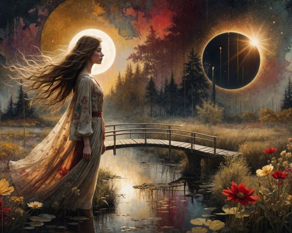 Dreamlike Scene of Woman on Bridge Over Pond