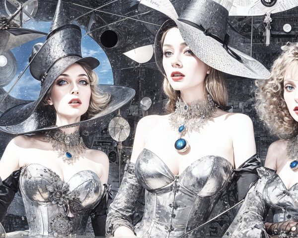 Elegantly Dressed Women in Metallic Corsets and Accessories
