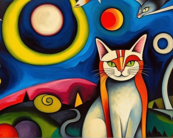 Colorful Painting of Stylized Cat in Surreal Landscape