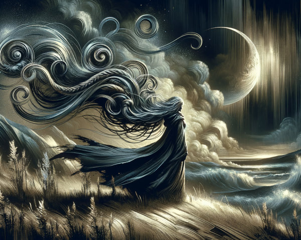 Mystical Figure on Rugged Landscape with Moonlit Waves