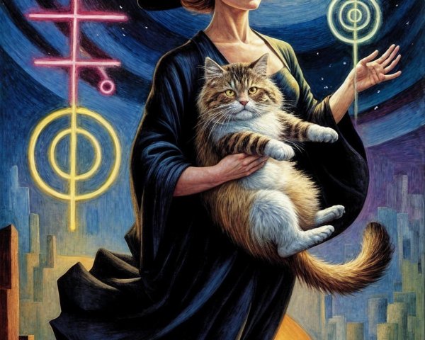Mystical figure with cat against cosmic backdrop