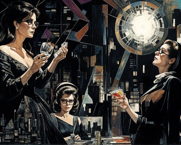 Glamorous Women Against a Vibrant City Skyline