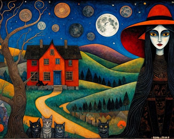 Mystical Scene with Woman, House, Cats, and Pumpkins