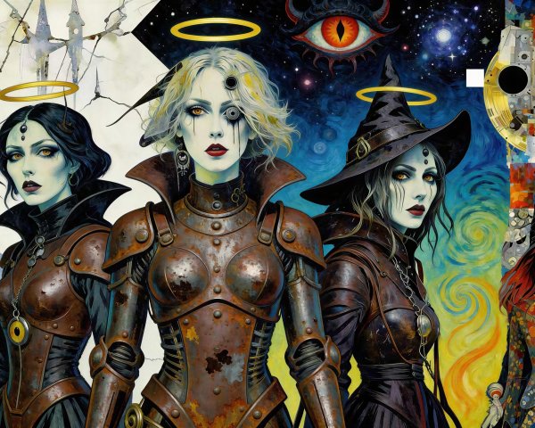 Surrealist Oil Painting of Gothic Women in Panels