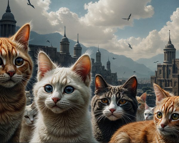 Cats with Unique Fur Patterns in a Fantasy Landscape