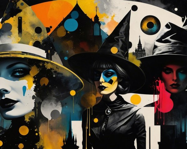 Three Figures in Witch Hats Against Abstract Background