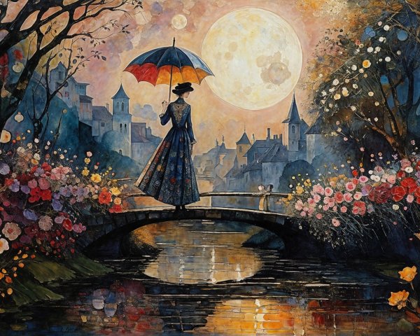 Serene scene of a figure on a bridge with flowers
