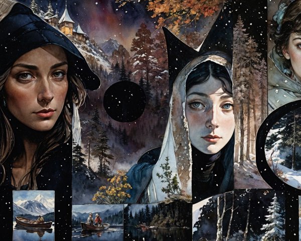 Collage of Women's Portraits in Serene Landscapes