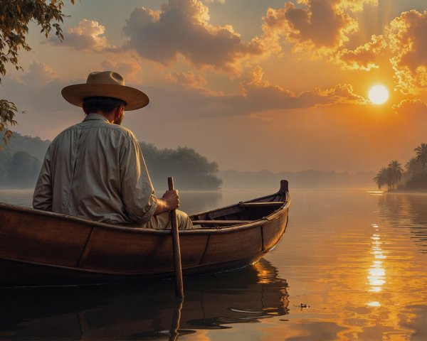 Lone Figure in Boat at Sunset with Palm Trees