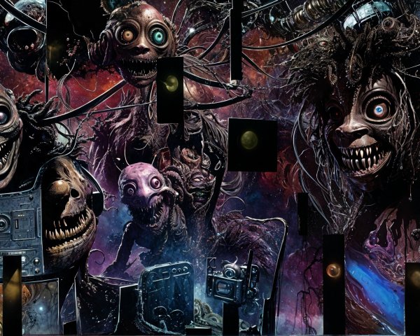 Surreal Cosmic Scene with Grotesque Humanoid Figures