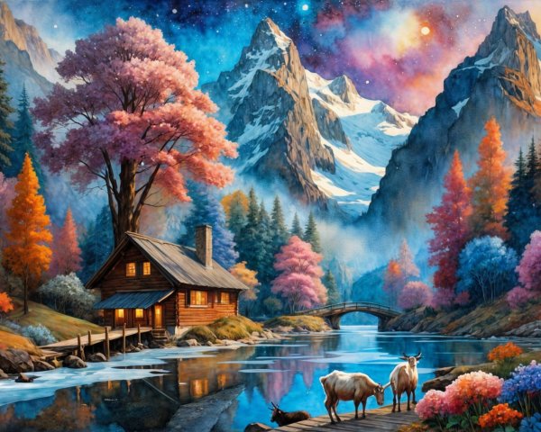 Cozy Cabin by Tranquil River in Autumn Landscape