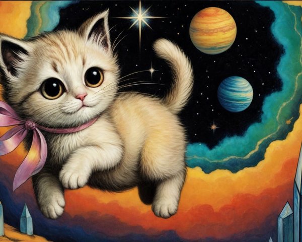 Fluffy Kitten in Cosmic Dreamy Illustration