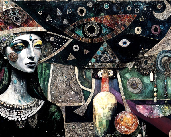 Stylized Female Figure with Intricate Jewelry and Patterns