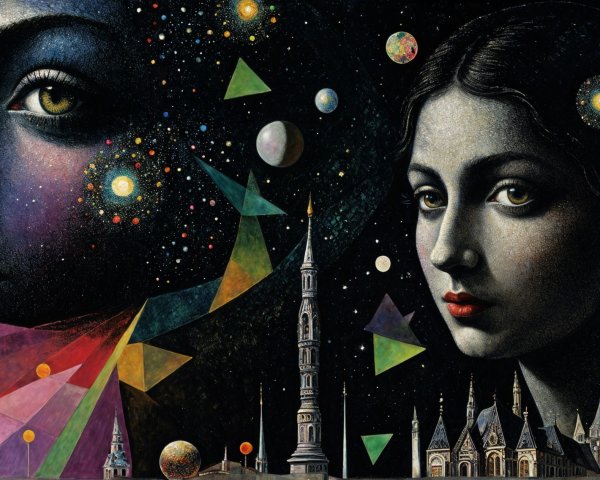 Ethereal Female Faces Against Cosmic Backdrop