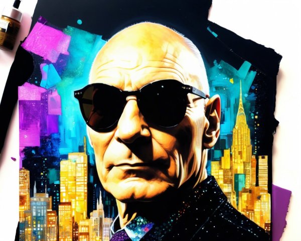 Stylized portrait of a bald man in sunglasses with skyline