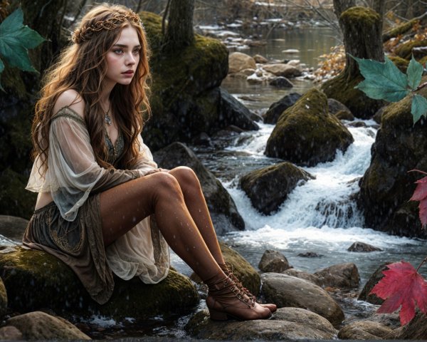 Young woman in nature-inspired attire by a stream