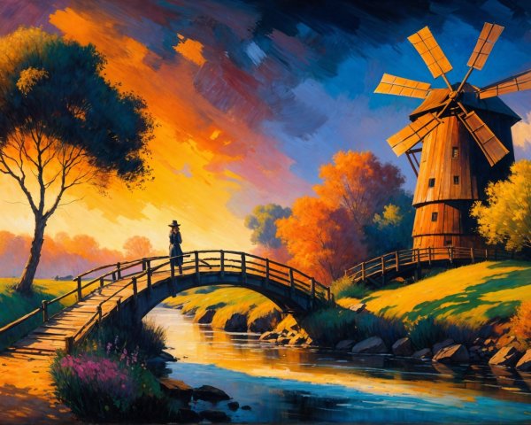Picturesque Landscape with Sunset and Rustic Windmill