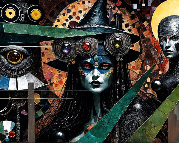 Mystical Artwork with Witch Figure and Abstract Elements