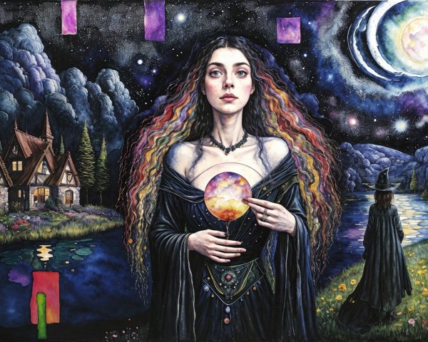 Mystical Landscape with Woman and Glowing Orb