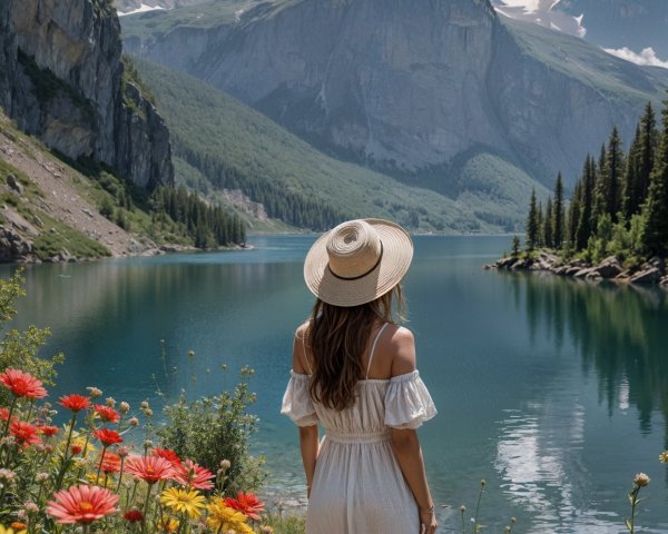 Serene Lake Landscape with Vibrant Flowers and Mountains