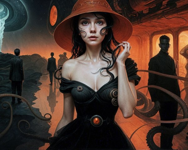 Surreal Cosmic Horror Scene with Elegant Woman