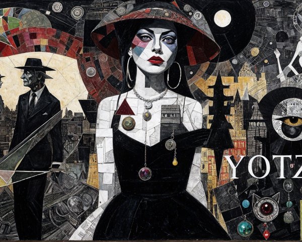 Collage of Woman in Black Dress with Abstract Cityscapes