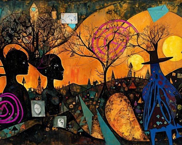 Vibrant Surreal Landscape with Sunset and Silhouettes