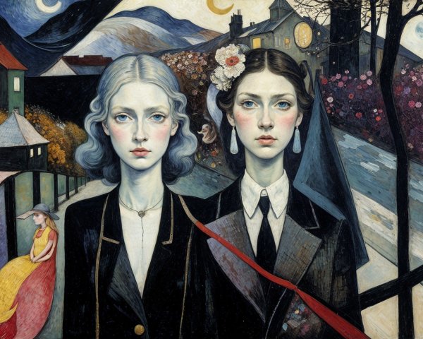 Somber Young Women in Surreal Landscape Art