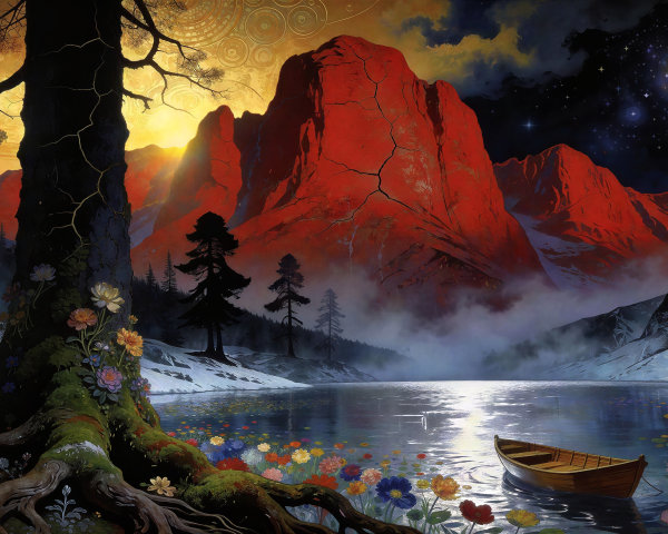 Vibrant Landscape with Water, Mountains, and Trees