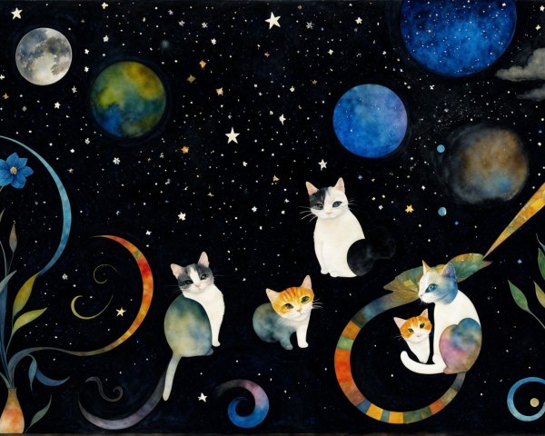 Whimsical Night Sky with Colorful Cats and Plants