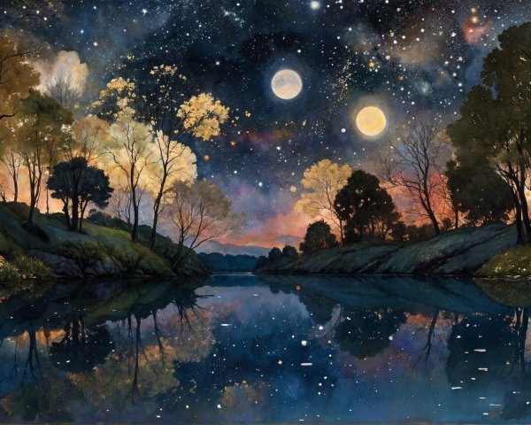 Serene Landscape with Calm Lake and Starry Night Sky