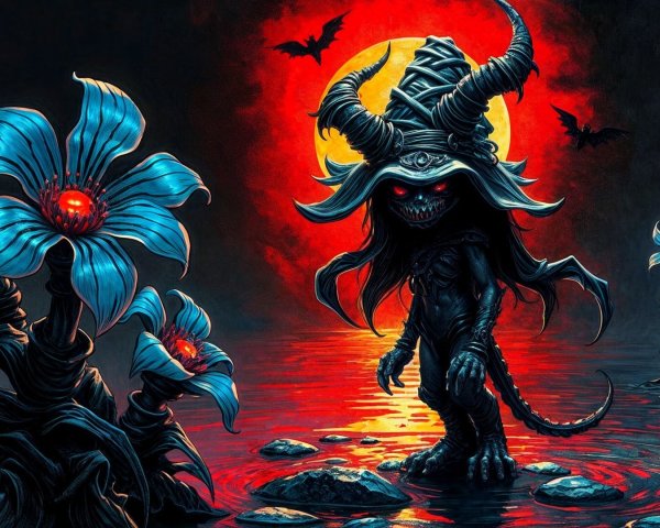 Sinister creature in dark landscape with eerie flowers