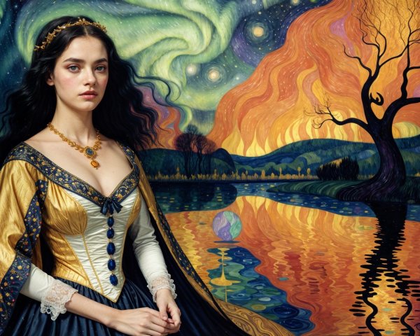 Young Woman in Golden Gown by Shimmering Lake