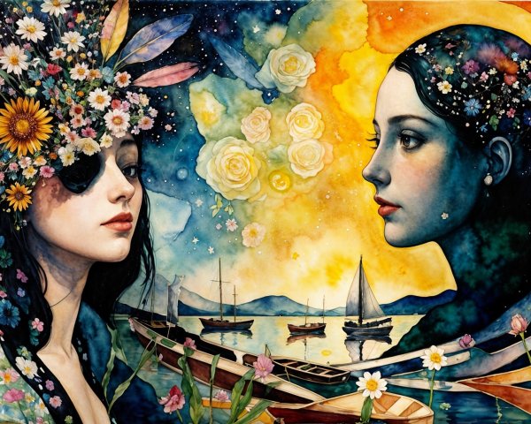 Ethereal Women in Vibrant Landscape with Moonlight