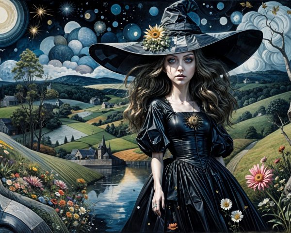 Mystical Witch in Serene Night Landscape with Flowers