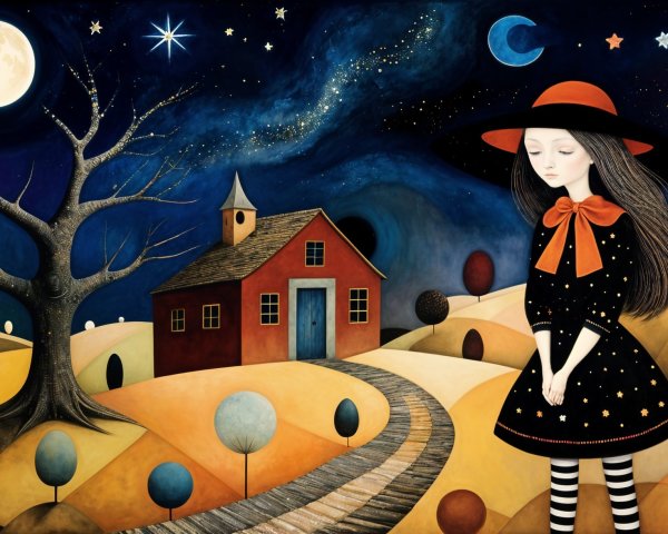 Whimsical Scene of Girl in Dress by Colorful Landscape