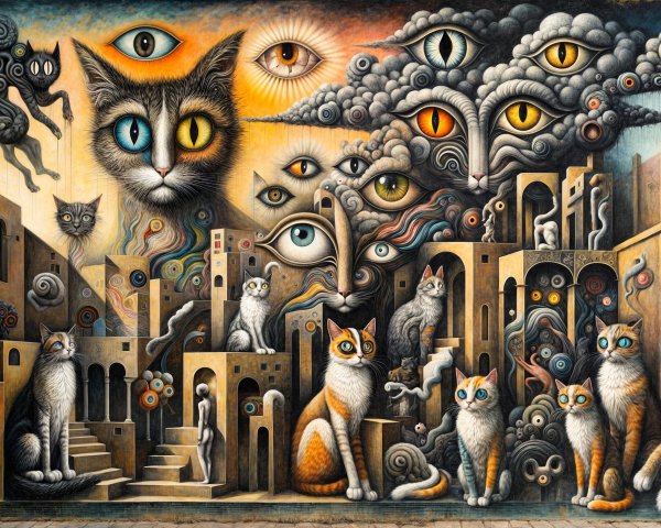 Surreal Cityscape with Colorful Cats and Enigmatic Eyes