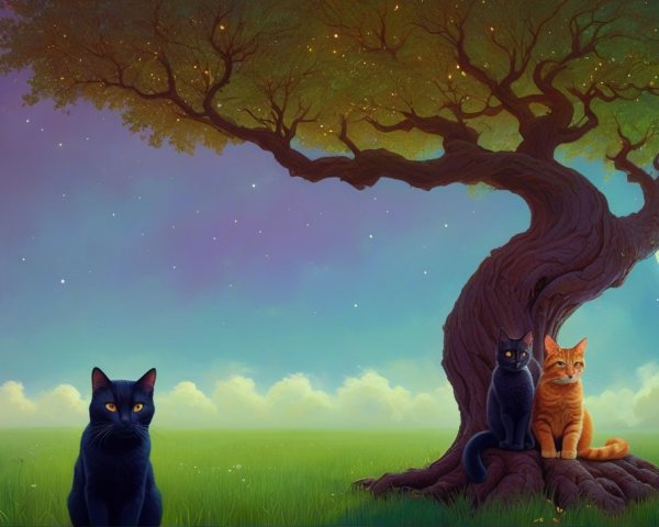 Twisted Tree and Cats Under Starry Night Sky